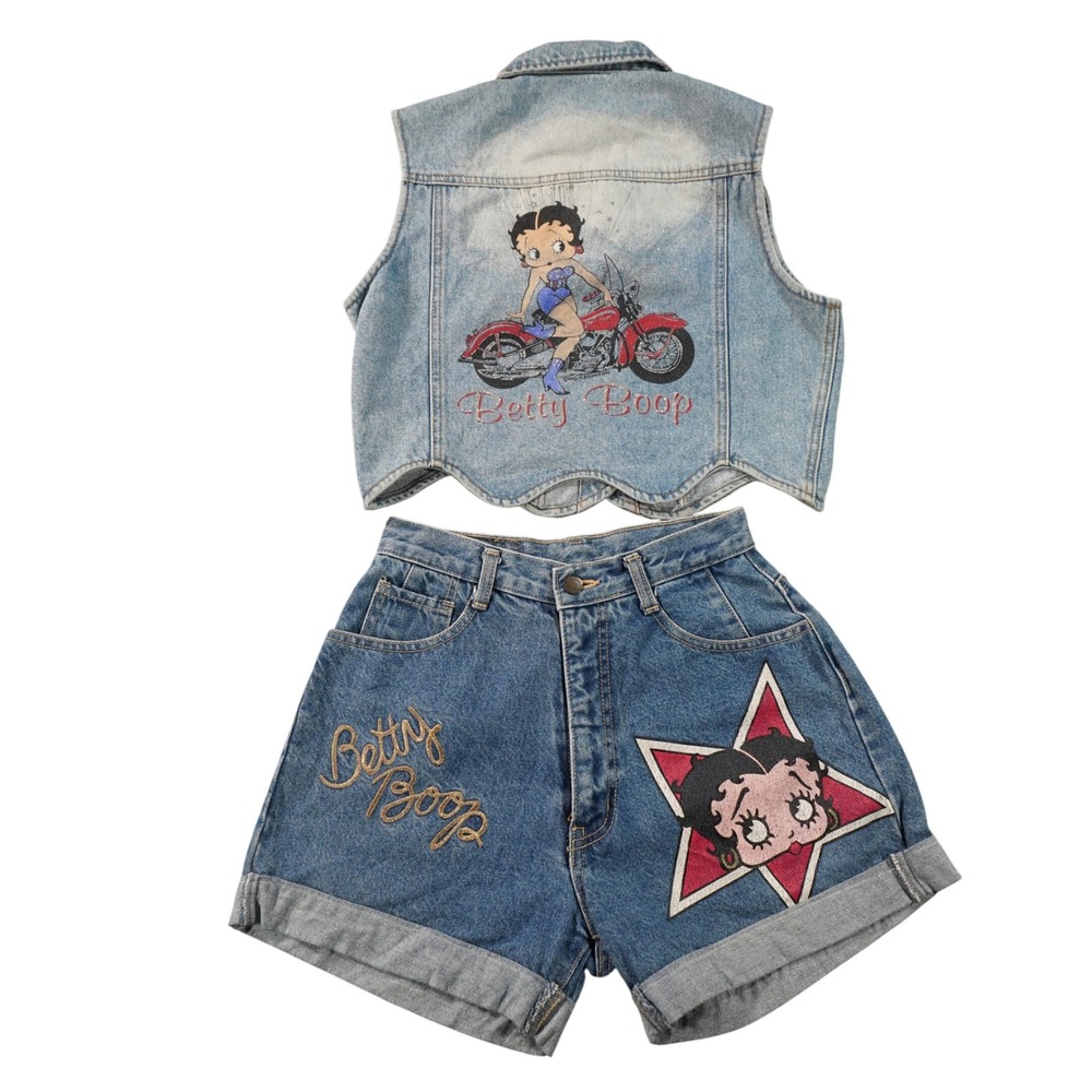 Vintage Betty Boop Denim Vest and Shorts Set Womens Medium Blue 90s Biker VTG